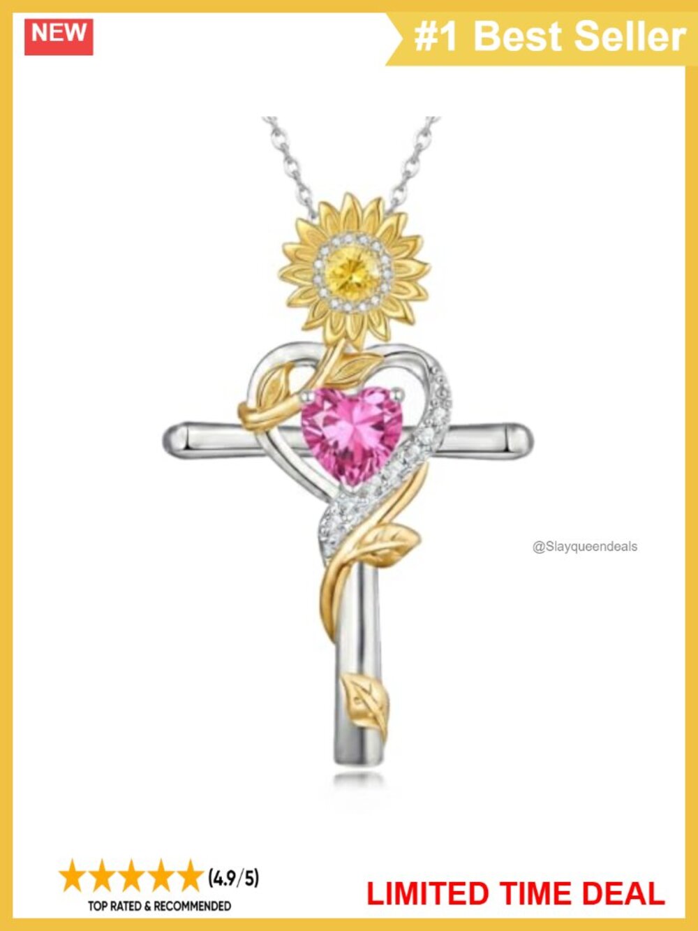 Sunflower Cross Necklace Two-Tone Pendant Adjustable Cable Chain